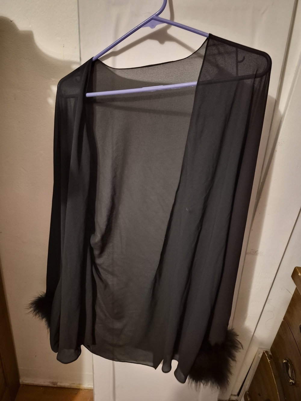 Sheer Black Feather Trim Kimono Cardigan